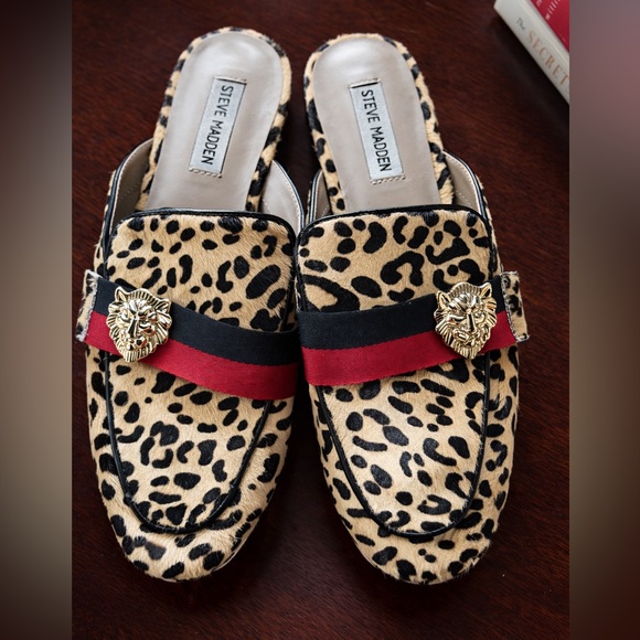 Steve Madden Shoes - Steve Madden Leopard Print Loafers with Black & Red Straps
